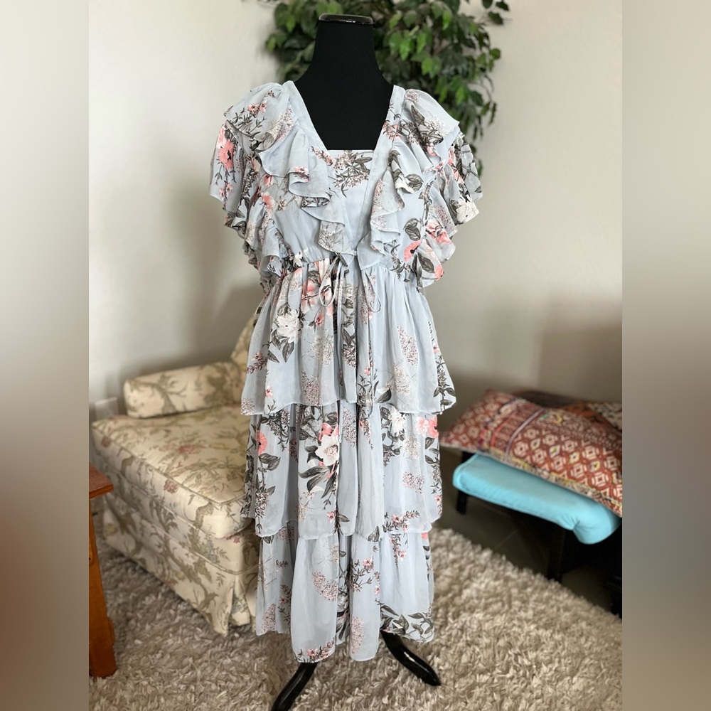 JessaKae Light Blue and Pink Floral Midi Dress